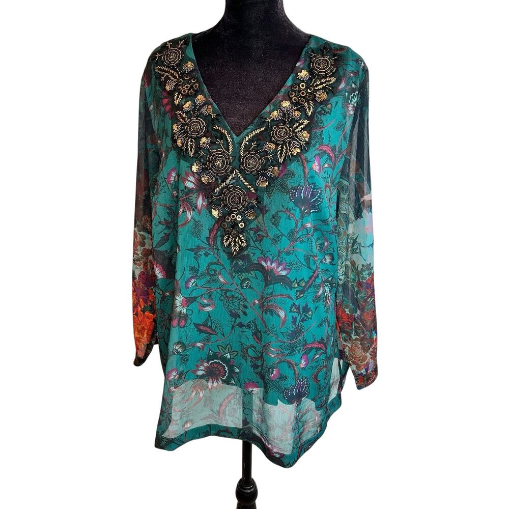 Soft Surroundings Paisley Heavily Beaded Blouse 2 Piece Womens Size Large Teal